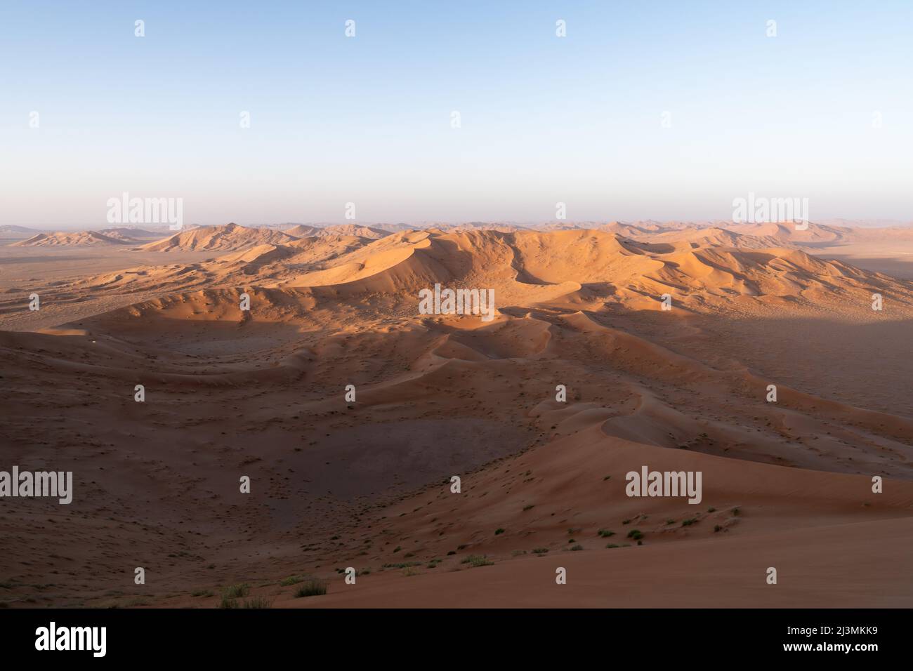 Sonnenaufgang über weitläufigen orangefarbenen Sanddünen in der Wüste Rub al Khali (The Empty Quarter), Oman. Stockfoto
