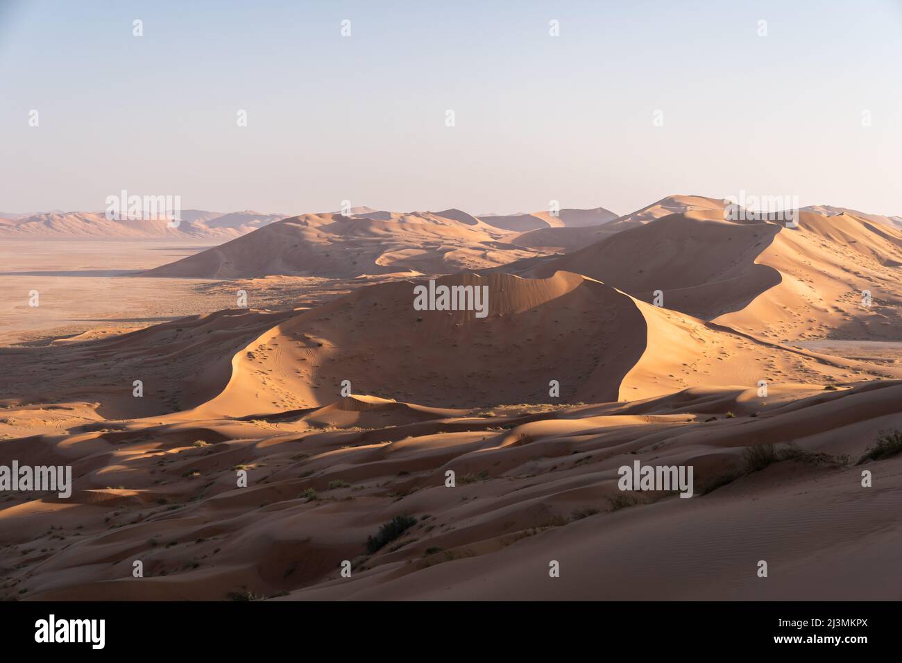 Sonnenaufgang über weitläufigen orangefarbenen Sanddünen in der Wüste Rub al Khali (The Empty Quarter), Oman. Stockfoto