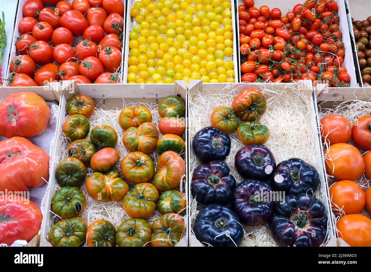 Tomaten in verschiedenen Farben und Formen zum Verkauf auf einem Markt Stockfoto