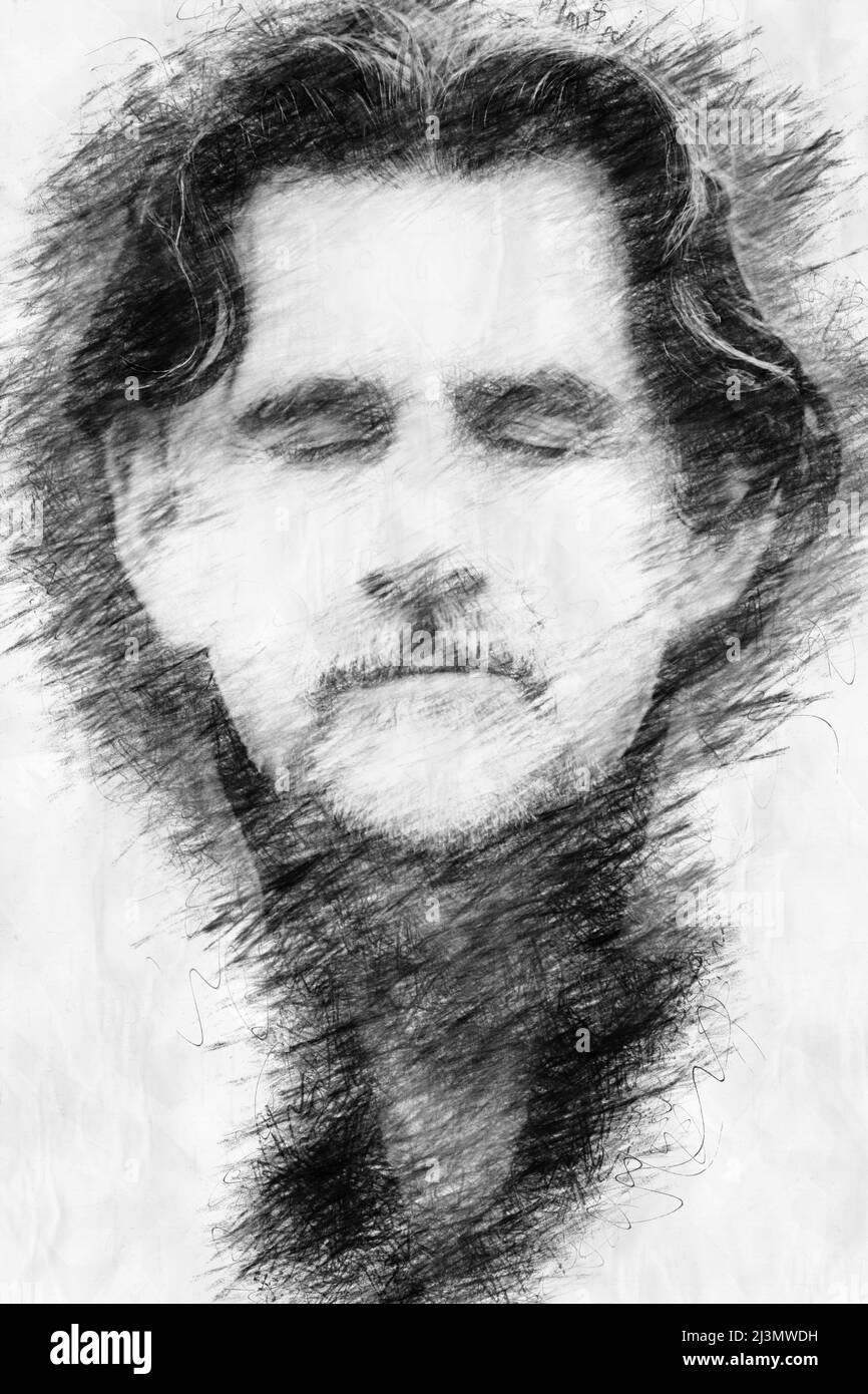Porträt eines Mannes in seiner 50s mit geschlossenen Augen in Bleistiftzeichnung Stil Stockfoto
