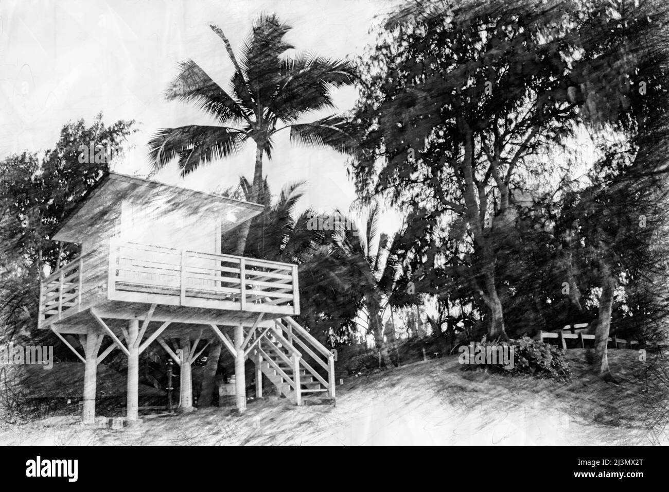 Hütte am Sandstrand mit Palmen im Bleistiftzeichnstil Stockfoto