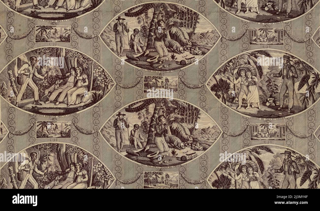 'Paul and Virginie', Furnishing Fabric, Frankreich, nach 1818. Gestochen von Tony Johannot und anderen nach Werken von Jean Michel Moreau und Jean Frederic Schall, basierend auf der Geschichte von Bernardin de Saint-Pierre, hergestellt von der Manufaktur Oberkampf. Detail aus einem größeren Kunstwerk. Stockfoto