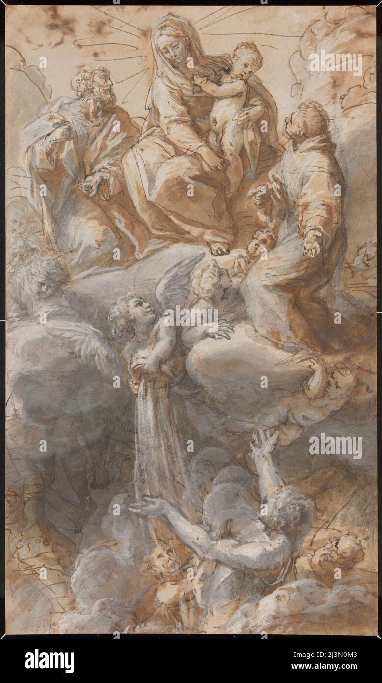 Die Jungfrau und der heilige Josef mit dem heiligen Antonius von Padua, der im Himmel für die Seelen im Fegefeuer eintrat, während ein Engel Flüssigkeit aus einer Vase auf die Menge unten gießt (recto und verso), 1690/1710. Stockfoto