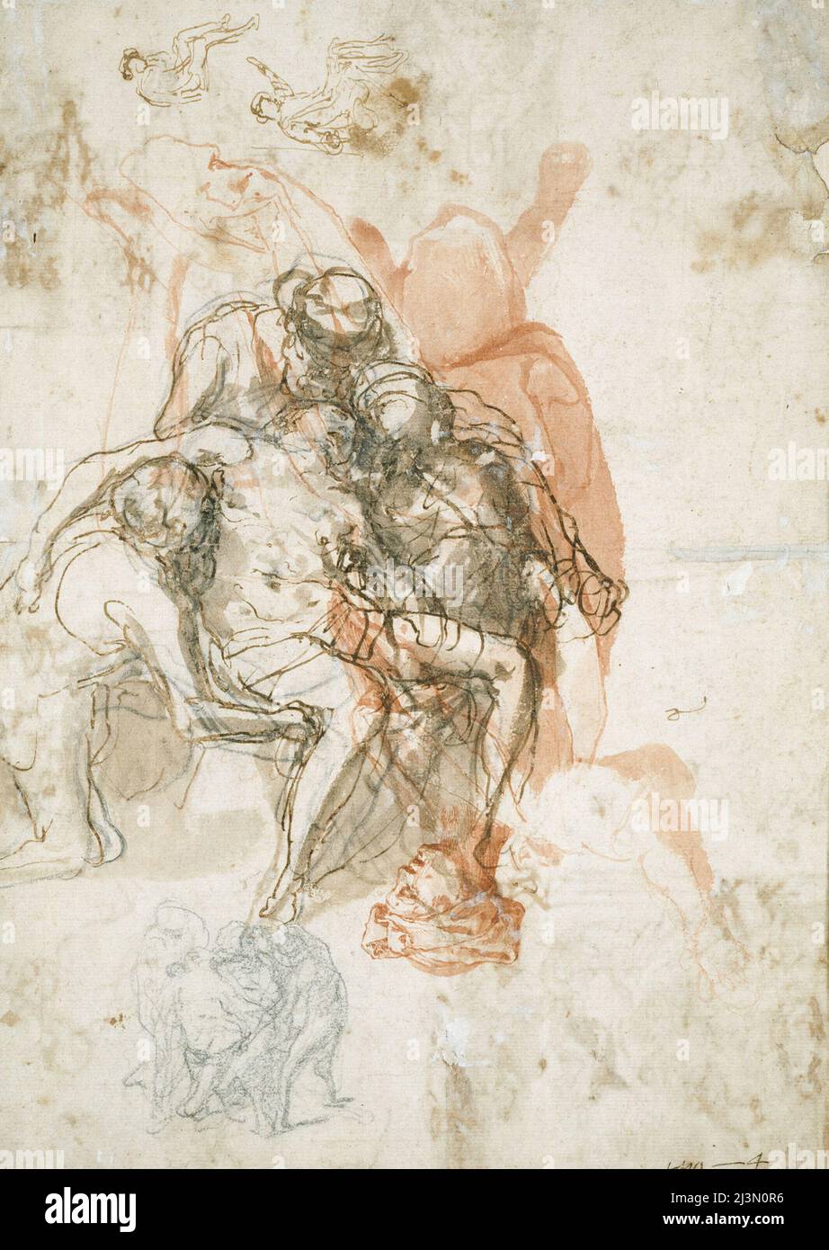Drei Figuren, die einen Mann unterstützen, eine kleinere Skizze der gleichen und Studien für die Bllinding of Elymas, um 1558. Stockfoto