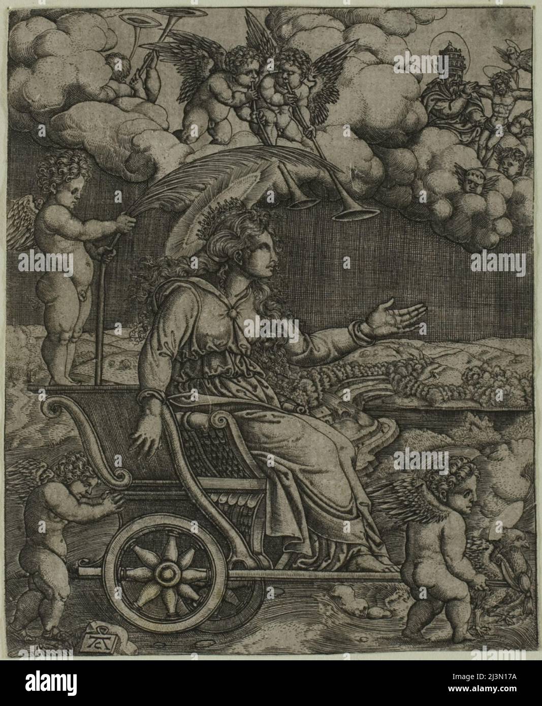 Allegorie mit einer Frau in römischem Kleid auf einem triumphalen Chariot, nach 1520. Stockfoto