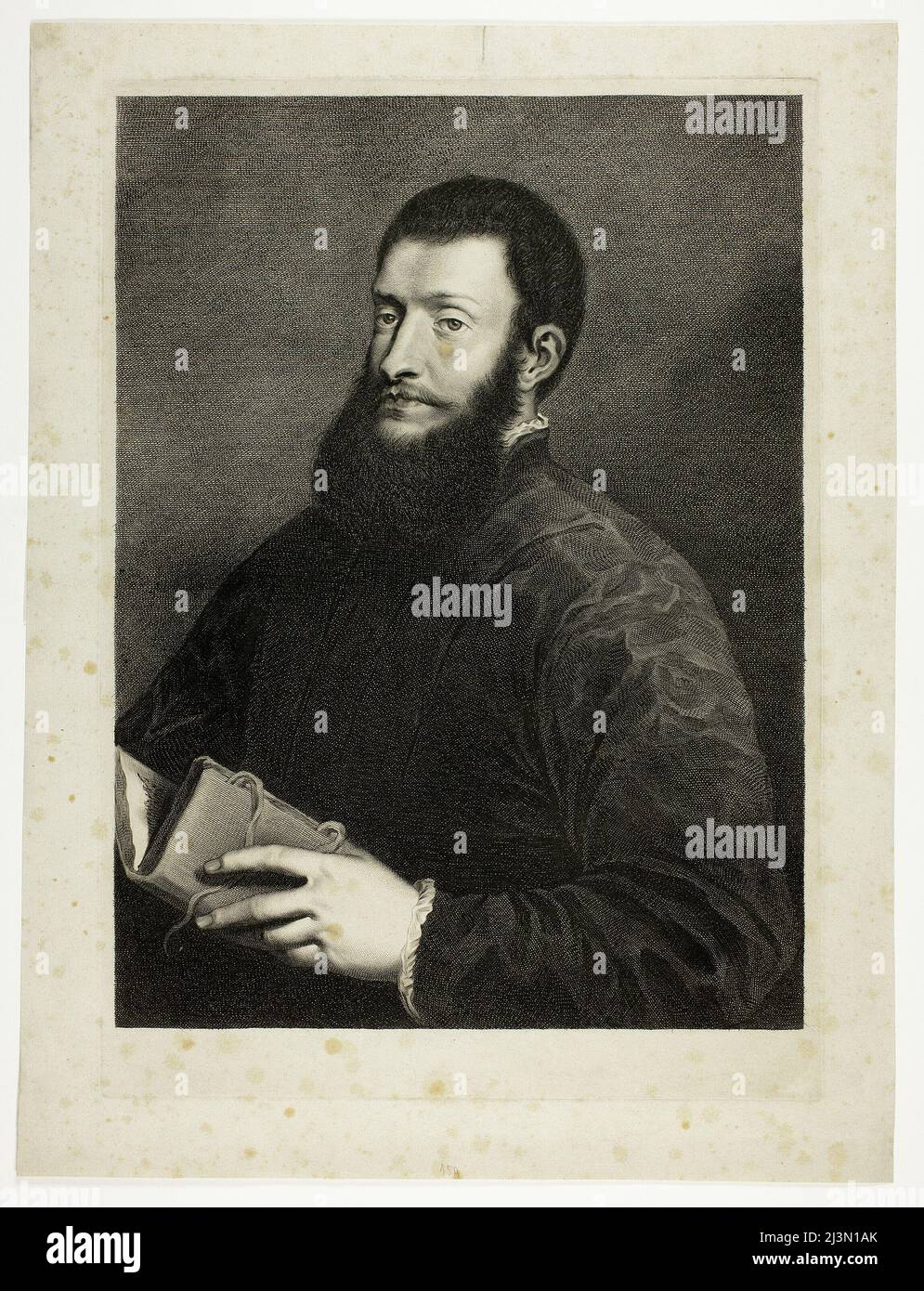 Porträt des Dichters Pietro Aretino, aus dem Kabinett Reynst; Variarum imainum a celeberrimis artificibus pictarum Caelaturae (Kabinett Reynst: Stiche verschiedener von berühmten Künstlern gemalter Bilder), 1655-1660. Stockfoto