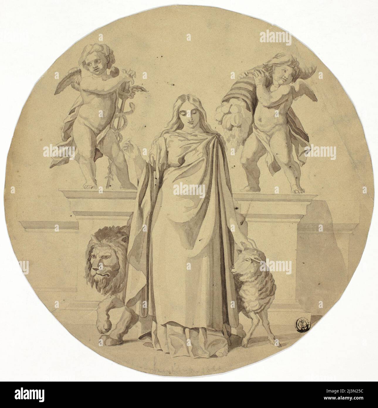 Allegorische weibliche Figur mit Löwe, Lamm, zwei Putti, n.d. Stockfoto
