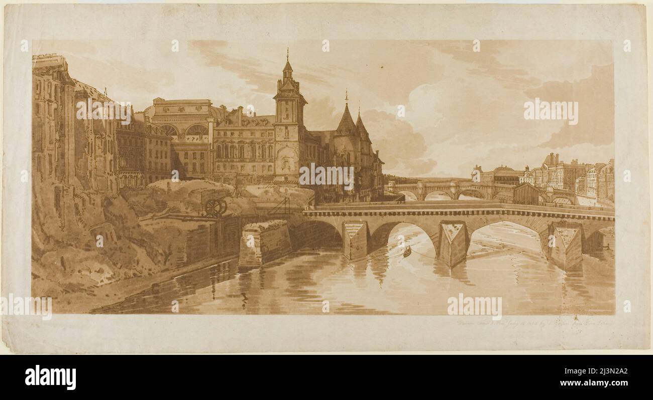 Blick auf Pont au Change, das Stadttheater, Pont Neuf, das Gefängnis Conciergerie usw. von Pont Notre Dame aus, aus Einer Auswahl von zwanzig der malerischsten Ansichten in Paris, 12. Juli 1802. Stockfoto