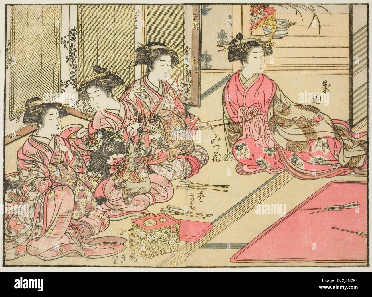 Kurtisanen von Kiriya, aus dem Buch „Spiegel der schönen Frauen der Vergnügungsviertel (Seiro bijin awase sugata kagami)“, Band 2, Japan, 1776. Stockfoto