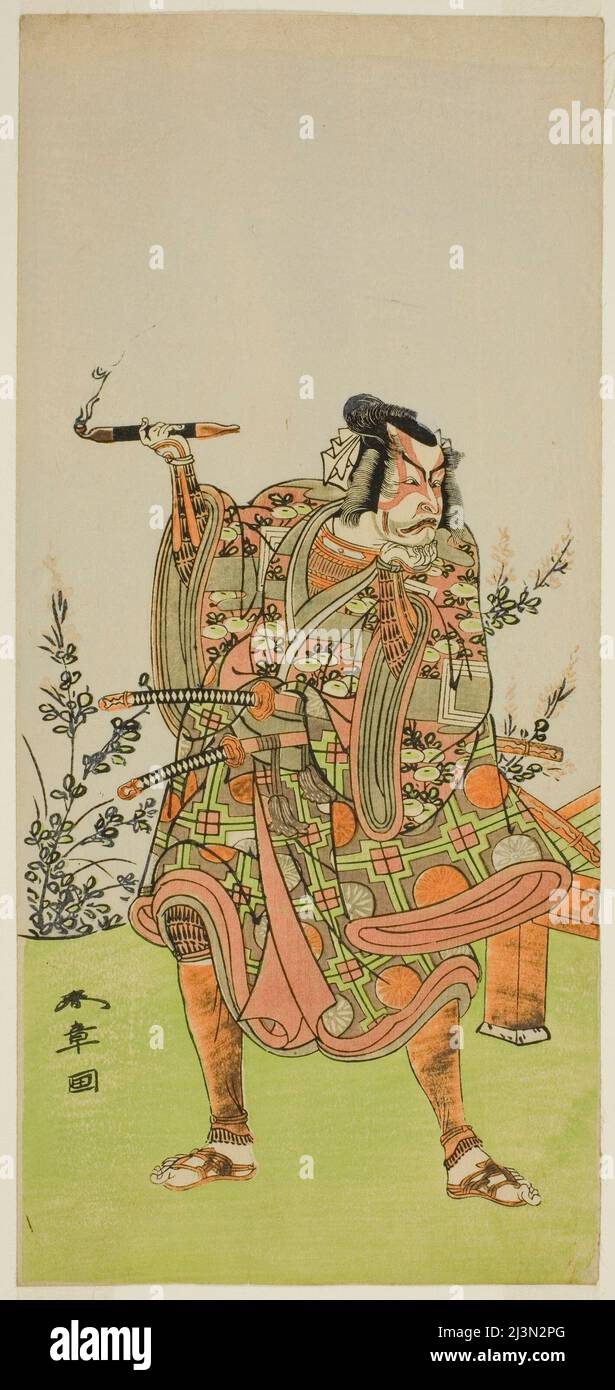 Der Schauspieler Ichikawa Danzaburo II als Usui no Sadamitsu (?) In dem Theaterstück Edo Katagi Hikeya Tsunasaka (?), aufgeführt im Ichimura Theater (?) Im elften Monat, 1772 (?), Japan, c. 1772. Stockfoto