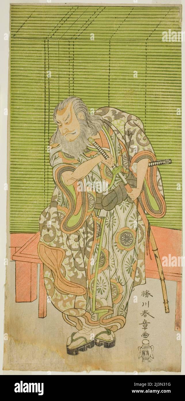 Der Schauspieler Nakamura Nakazo I als hige no Ikyu im Theaterstück Sakai-Cho Soga Nendaiki, aufgeführt im Nakamura Theater im dritten Monat, 1771, Japan, c. 1771. Stockfoto