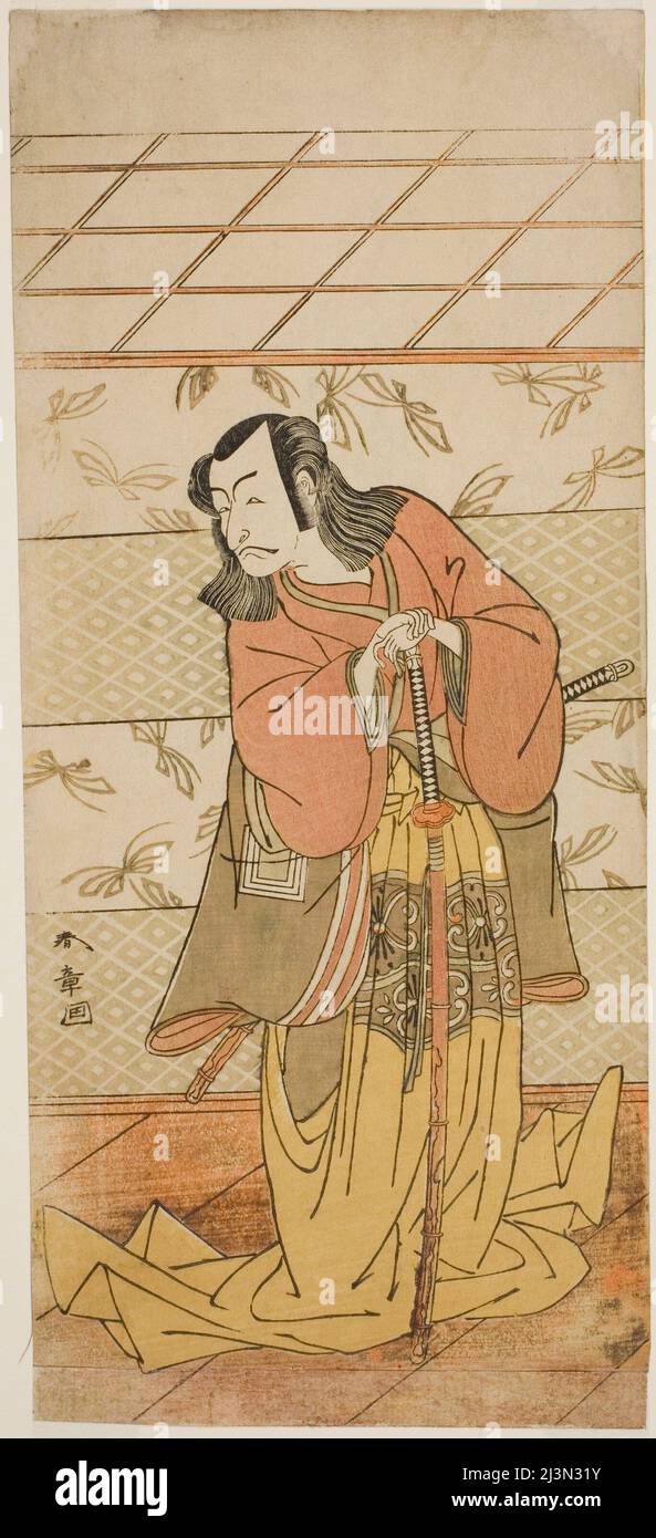 Der Schauspieler Ichikawa Danjuro V als Ashiya Doman im Theaterstück Kikyo-zome Onna Urakata, aufgeführt am Morita Theater im siebten Monat, 1776, Japan, c. 1776. Stockfoto