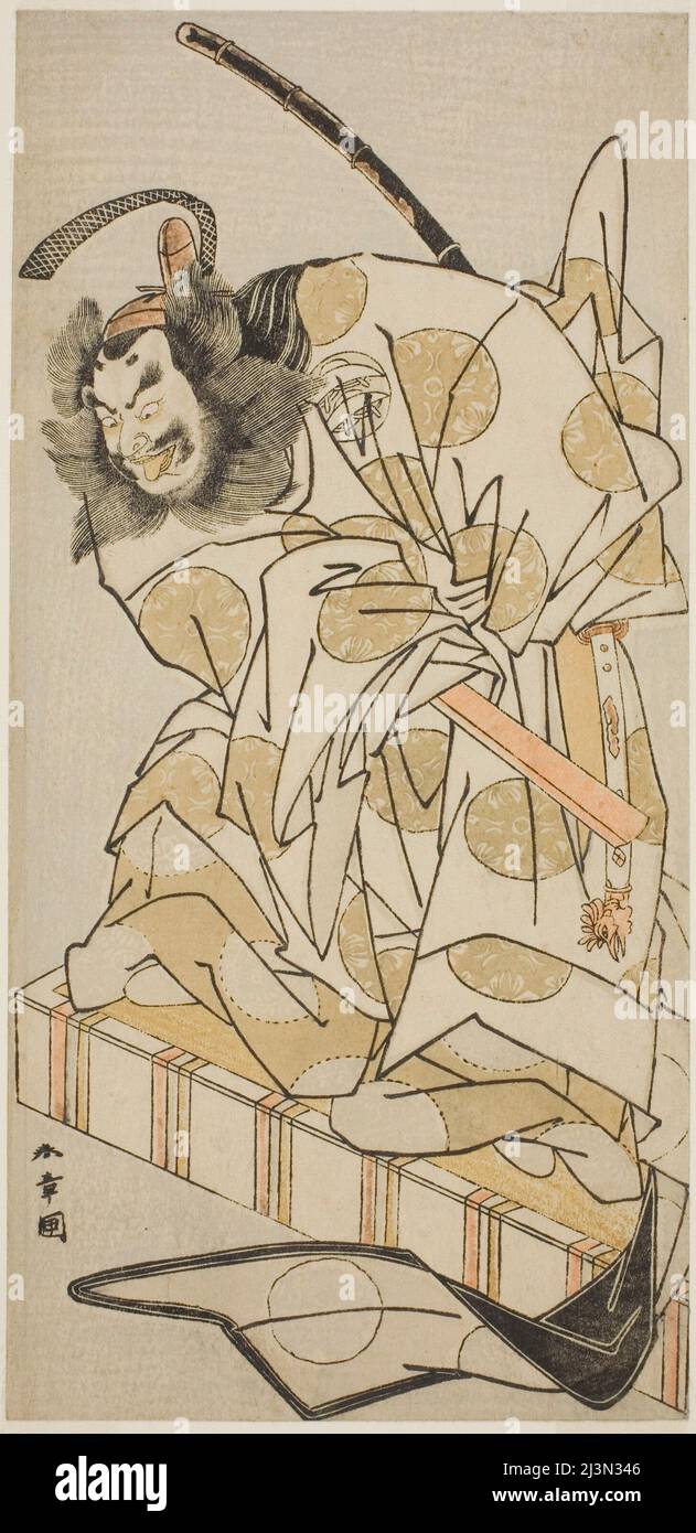 Der Schauspieler Nakajima Mihoemon II als Bomon no Saisho Kiyotada im Theaterstück Oyafune Taiheiki, aufgeführt im Ichimura Theater im elften Monat, 1775, Japan, c. 1775. Stockfoto
