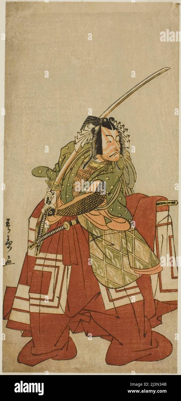 Der Schauspieler Ichikawa Danjuro V als Arakawa Taro im Theaterstück Datum Nishiki Tsui no Yumitori, aufgeführt am Morita Theater im elften Monat, 1778, Japan, c. 1778. Stockfoto