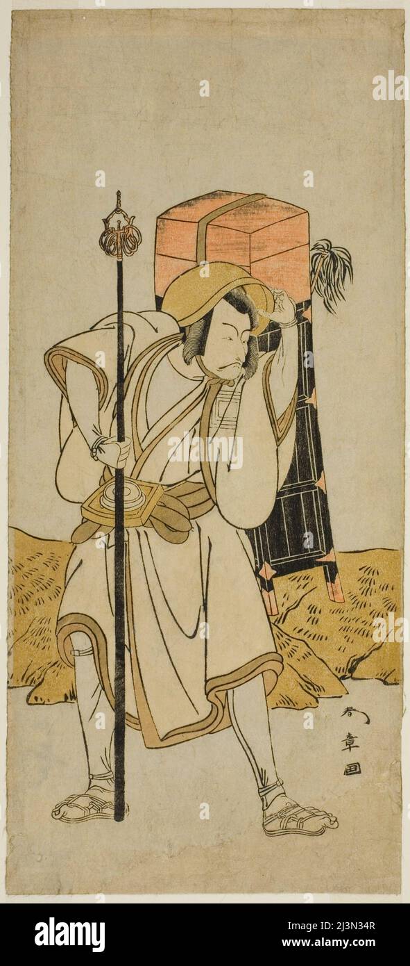 Der Schauspieler Ichikawa Danjuro V als Moriya no Daijin verkleidet als Rokuju-rokubu im Theaterstück Miya-bashira Iwao no Butai, aufgeführt am Morita Theater im siebten Monat, 1773, Japan, c. 1773. Stockfoto