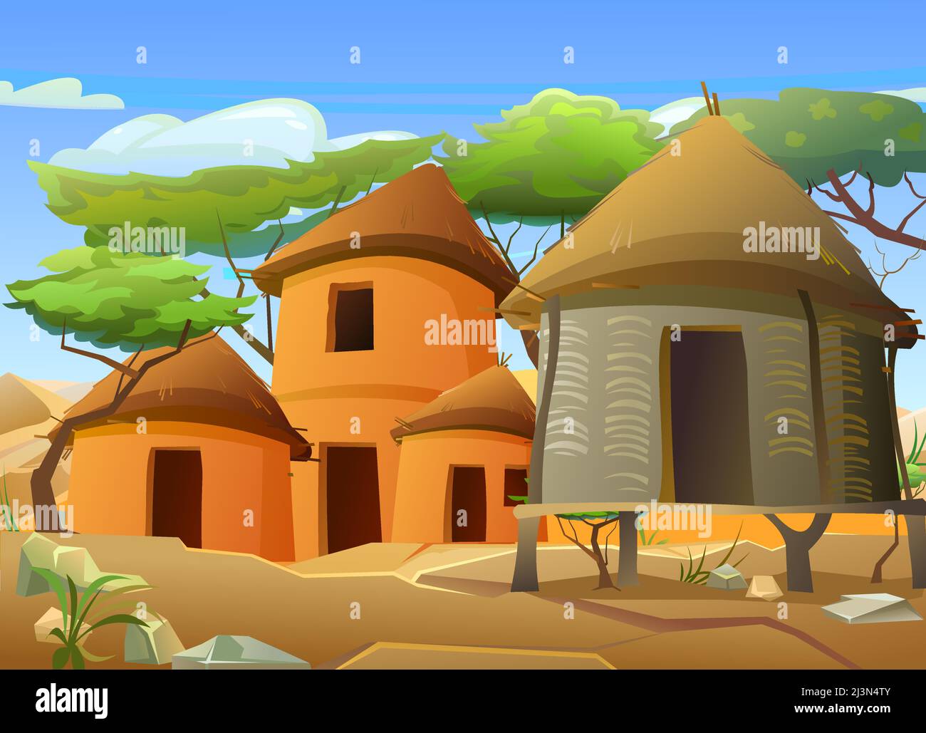 Afrika-Dorf. Ländliche Häuser aus Lehm und Stroh. Afrikanische Landschaft. Felsige Wüste und blauer Himmel. Akazienbäume. Vektor Stock Vektor