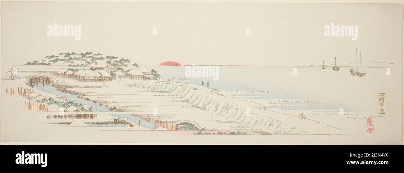 Morgenschnee bei Susaki (Susaki yuki no asa), aus der Serie "dreizehn Ansichten der Umgebung von Edo", c.. 1837/44. Stockfoto