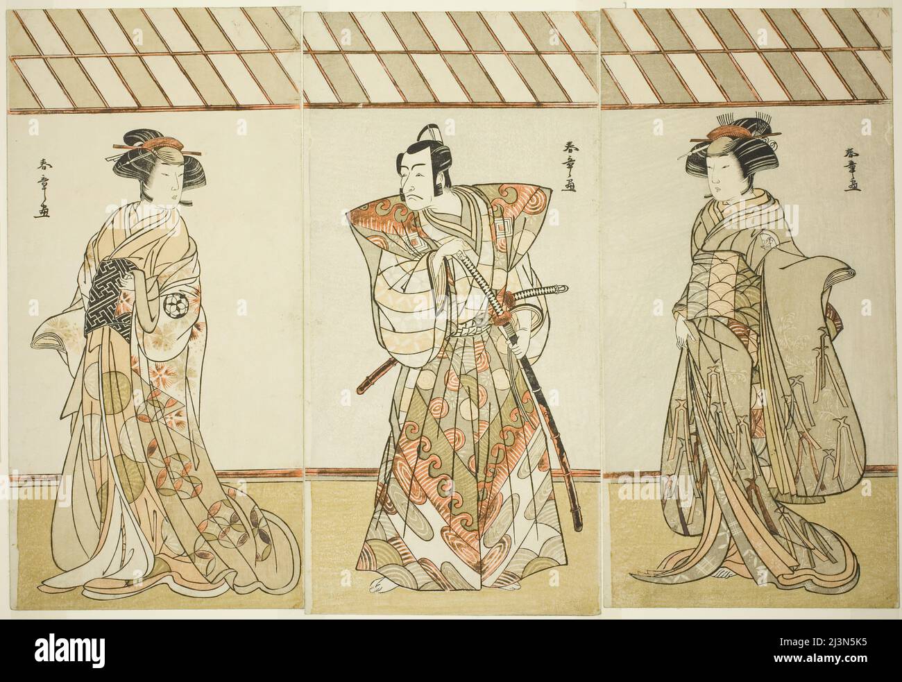 Die Schauspieler Onoe Tamizo I als Nishikigi (?) Oder Otae (?) (Rechts), Ichikawa Danjuro V als Miura Heidayu Kunitae (?) (Mitte) und Osagawa Tsuneyo II als Oyuki (?) (Links), in The Play Date Nishiki Tsui no Yumitori (?), aufgeführt im Morita Theater (?) Im elften Monat, 1778 (?), Japan, c. 1778. Stockfoto