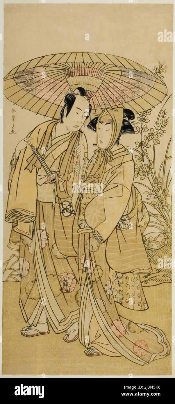 Die Schauspieler Segawa Kikunojo III (rechts) als Ochiyo und Bando Mitsugoro I (links) als Gemüsehändler Hambei, im Play Kabuki no Hana Bandai Soga, traten im vierten Monat, 1781, Japan, c. 1781. Stockfoto