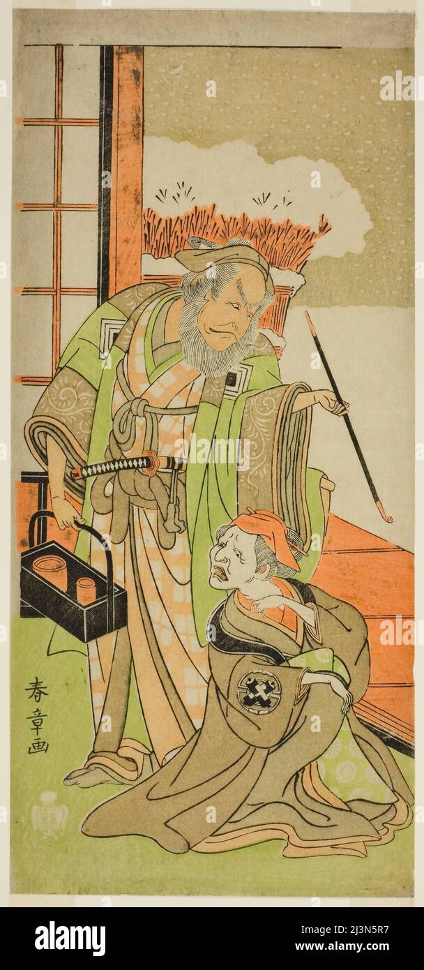 Die Schauspieler Nakamura Utaemon I als Karashi Baba (rechts) und Ichikawa Danjuro IV als Sanshodayu (links), im Theaterstück Kawaranu Hanasakae Hachi no Ki, traten im elften Monat, 1769, Japan, c. 1769. Stockfoto