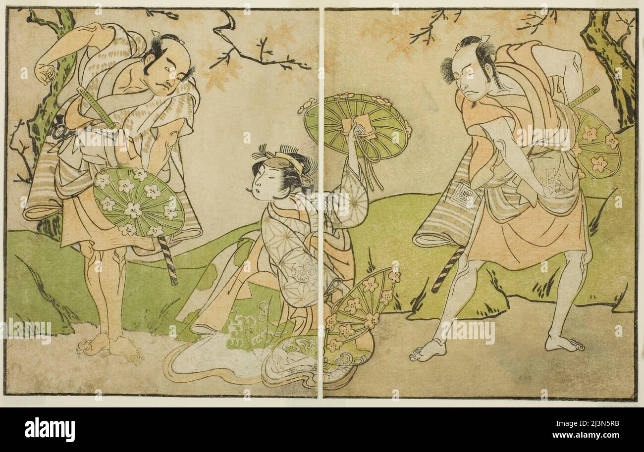 Die Schauspieler Ichikawa Somegoro (rechts), Segawa Kikunojo II (Mitte) und Bando Sampachi (links), in „Unidentified Roles in the Play Myoto-giku Izu no Kisewata“, traten im elften Monat, 1770, Japan, c. 1772. Stockfoto