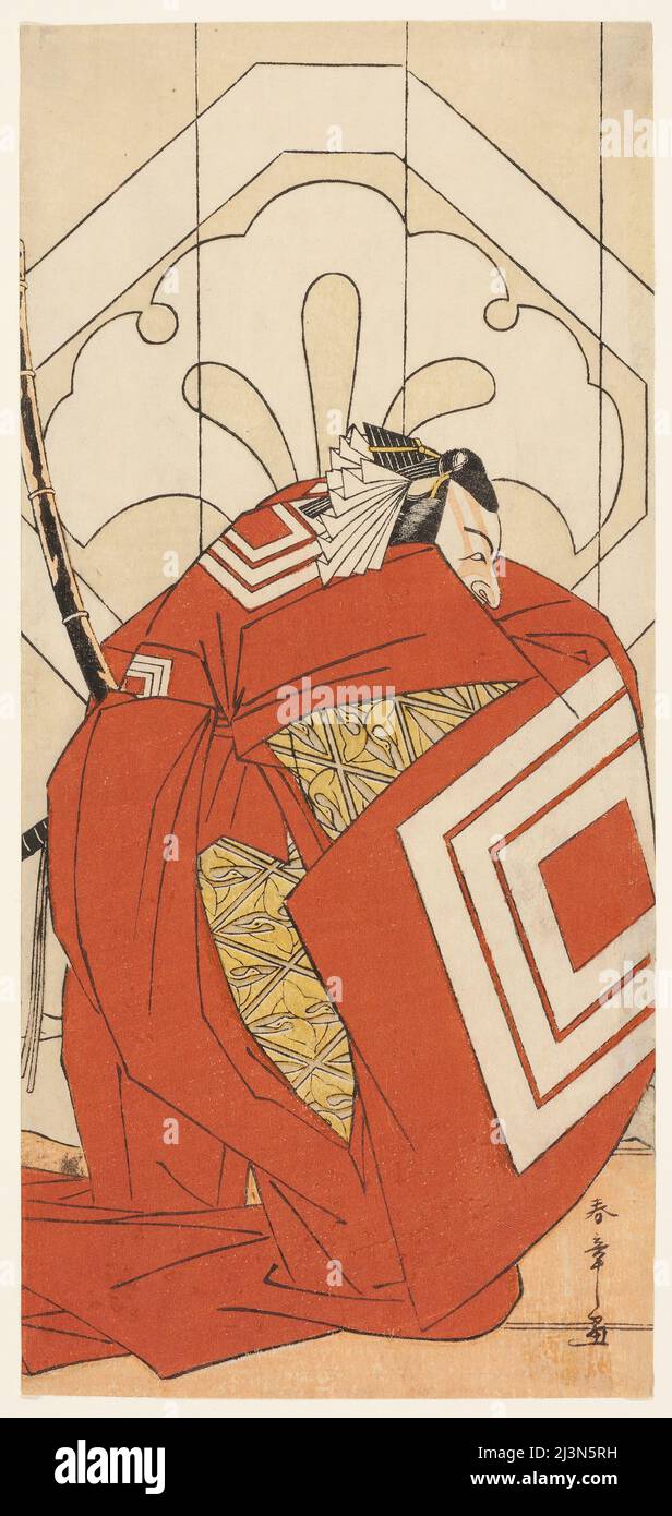 Der Schauspieler Ichikawa Danjuro V in einer "Shibaraku"-Rolle, wahrscheinlich als Kato Hyoeisa Shigemitsu, in der dritten Szene des Theateres Masakado Kammuri no Hatsuyuki (The First Snow on Taira no Masakado's Court Kopfschmuck), aufgeführt im Nakamura Theater im elften Monat, 1777, Japan, c. 1777. Stockfoto