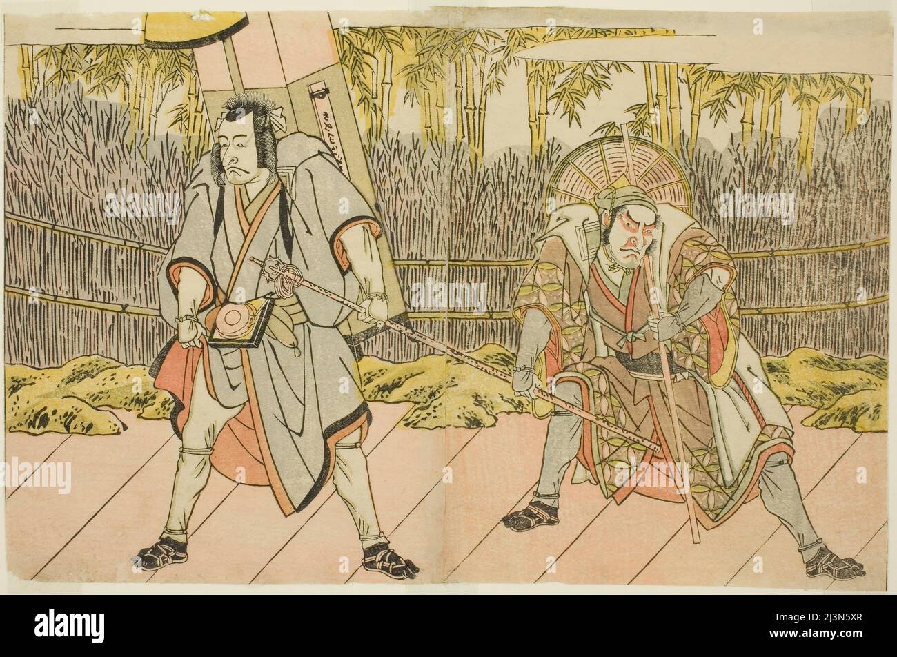Die Schauspieler Ichikawa Danzo IV als Arakawa Taro Takesada verkleidet als Palanquin-Träger Tarobei (rechts), Und Ichikawa Danjuro V als Abe no Sadato verkleidet als der Pilger Kuriyagawa Jirodayu (links), im Theaterstück Godai Genji Mitsugi no Furisode, aufgeführt im Nakamura Theater im elften Monat, 1782, Japan, c. 1782. Stockfoto