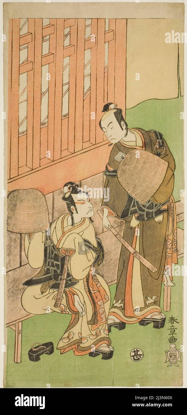 Die Schauspieler Ichikawa Komazo II als Soga no Juro Sukenari (rechts) und Ichikawa Danjuro V als Soga no Goro Tokimune (links), in Komuso Attires, im Theaterstück Sakaicho Soga Nendaiki, aufgeführt im Nakamura Theater im ersten Monat, 1771, Japan, c. 1771. Stockfoto