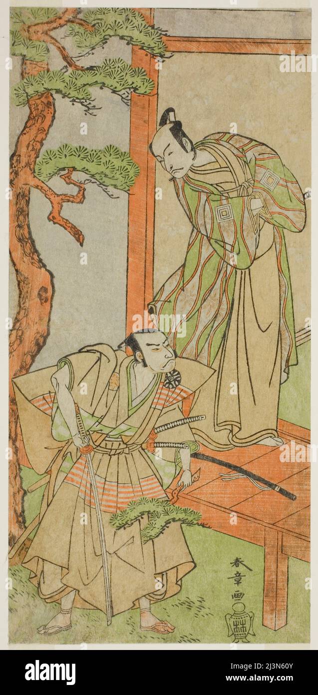 Die Schauspieler Ichikawa Danjuro V als Momonoi Wakasanosuke (rechts) und Nakamura Nakazo I als Kakogawa Honzo (links), im Theaterstück Kanadehon Chushingura, aufgeführt am Nakamura Theater im fünften Monat, 1771, Japan, c. 1771. Stockfoto