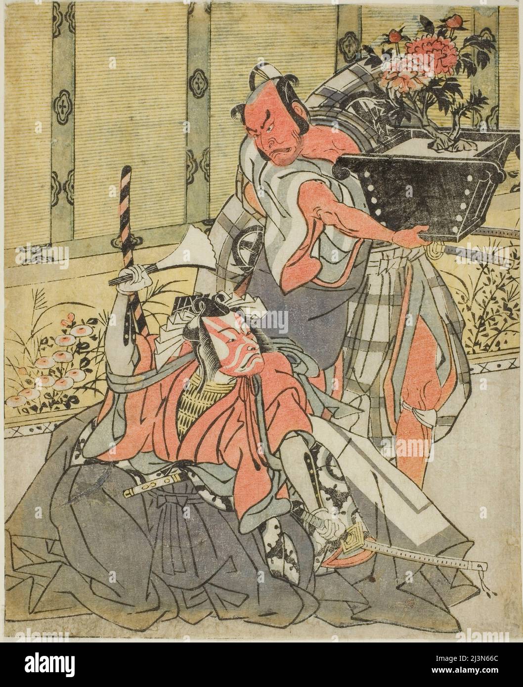 Die Schauspieler Otani Hiroemon III als Shinagawa Okaminosuke (rechts) und Ichikawa Danjuro V als Arashishi Otokonosuke (links) in dem Theaterstück Fuki Kaete Tsuki Mo Yoshiwara (Rethatched Roof: The Moon also shines over the Yoshiwara Pleasure District), aufgeführt im 11. Monat, 1771, Japan, c. 1771/72. Stockfoto