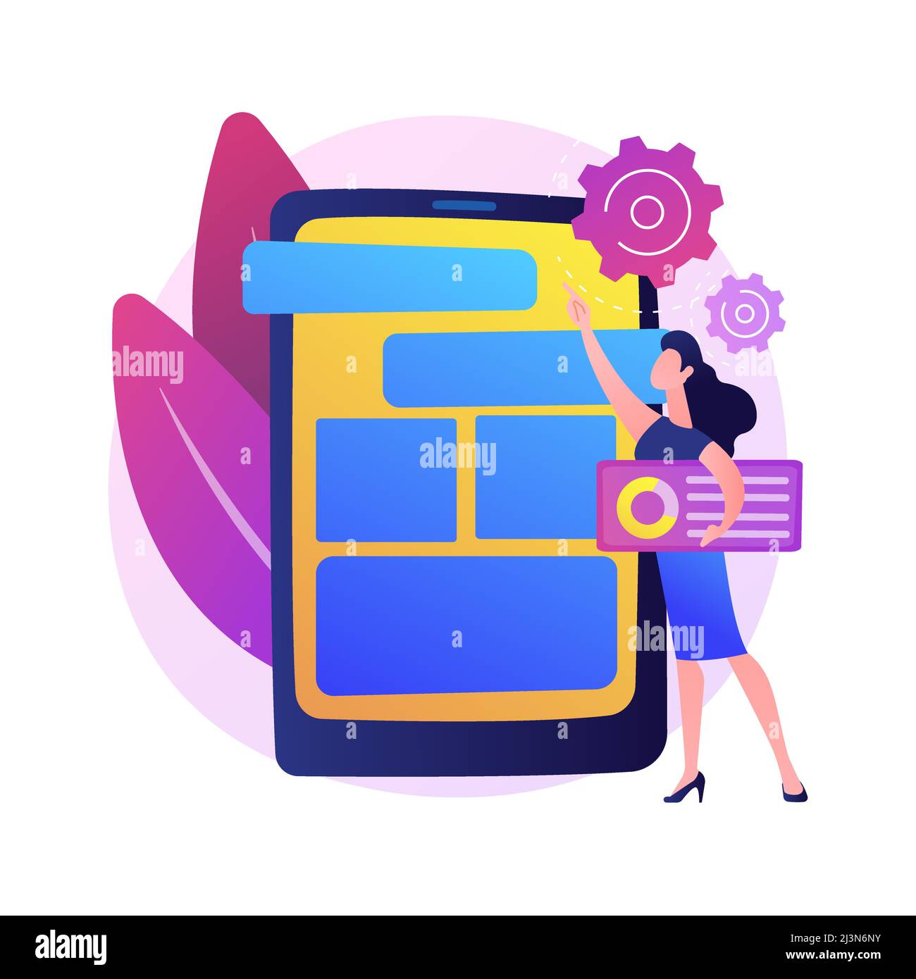 Mobile Software-Optimierung, UI, UX-Entwicklung. Design der Smartphone-App-Schnittstelle. DevOps, Frau, die Anwendung für moderne Gadget. Vektor-iso Stock Vektor