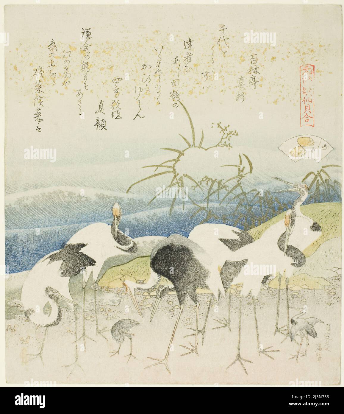 Cranes by the Shore, Illustration für The Leg Shell (Ashigai), aus der Serie "A Matching Game with Genroku-Period Poem Shells (Genroku kasen kai awase)", Japan, 1821. Stockfoto