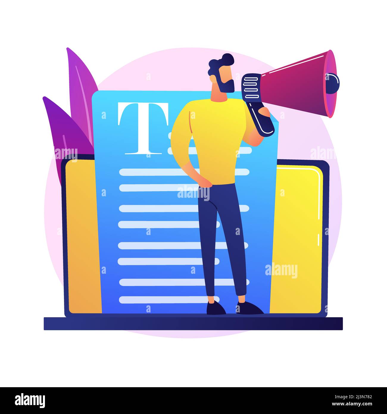 Content- und Massenmedien-Marketing. Copywriting Internet-Werbung. Werbeartikel, Nachrichten, Rundfunk. Blogger, Person hält Megaphon. Vektor Stock Vektor