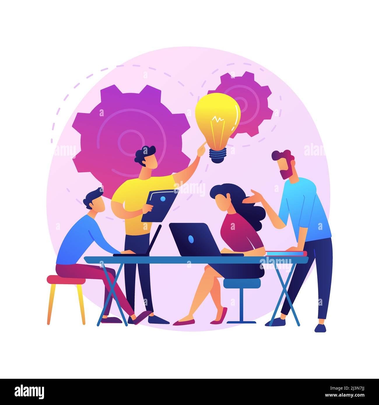 Firmenmeeting. Mitarbeiter Cartoon-Figuren diskutieren Geschäftsstrategie und Planung weiterer Maßnahmen. Brainstorming, formale Kommunikation, Semina Stock Vektor