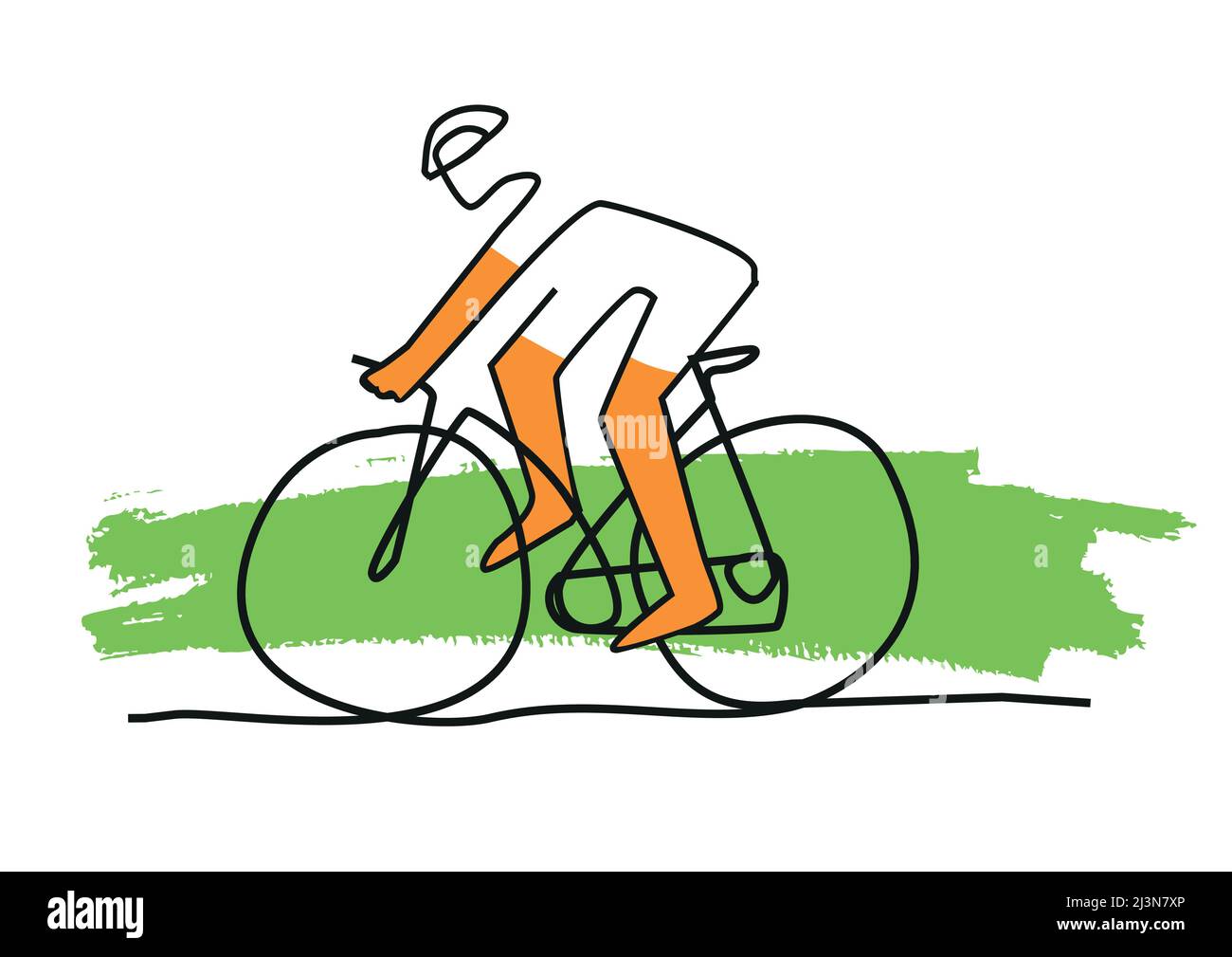 Radfahrer, Linie Kunst stilisierte Karikatur. Stilisierte einfache Illustration des Radfahrers auf ausdrucksstarkem grünen Hintergrund. T-Shirt-Design. Vektor verfügbar. Stock Vektor