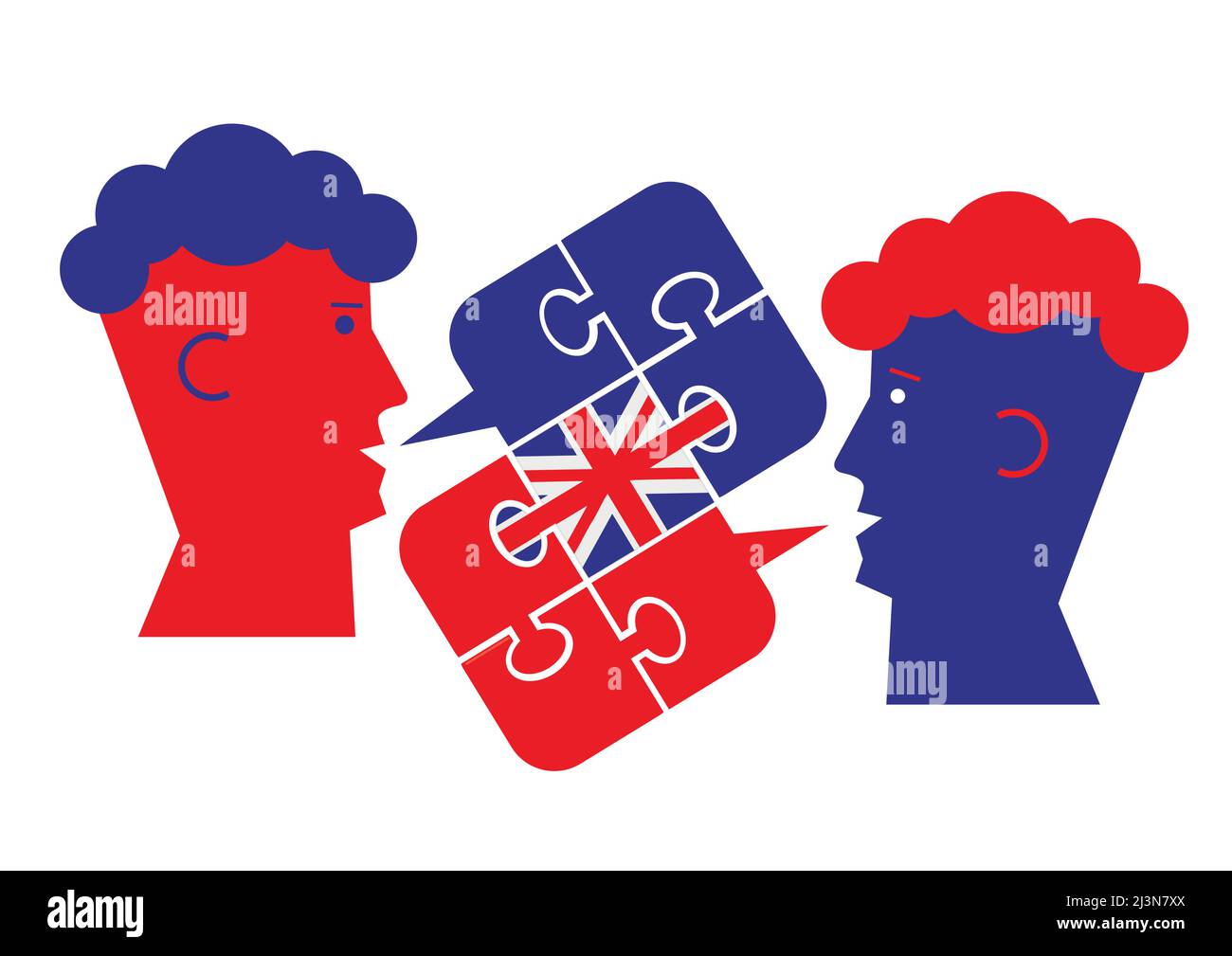 Englisch Sprachunterricht Dialog, männliche Köpfe Symbol. Zwei Studenten und die Puzzle Bubble sprechen mit einer britischen Flagge, die das englische Gespräch symbolisiert. Stock Vektor