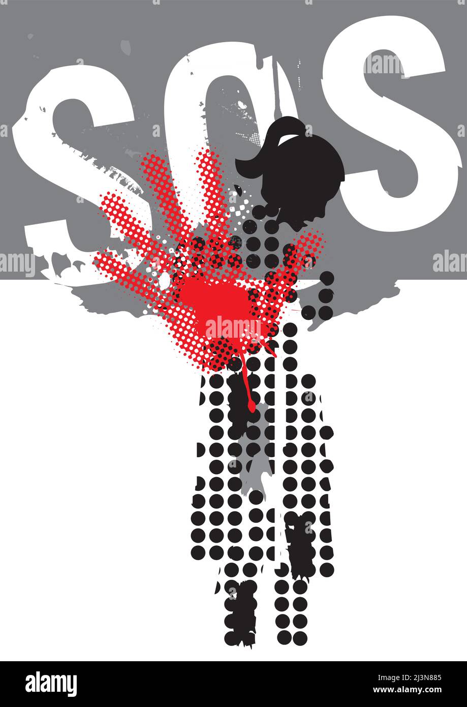 SOS-Aufruf zur Hilfe, Frau, Opfer von Gewalt und Krieg. Grunge stilisierte Silhuette der verängstigten, depressiven Frau mit der Hand in defensiver Position. Stock Vektor