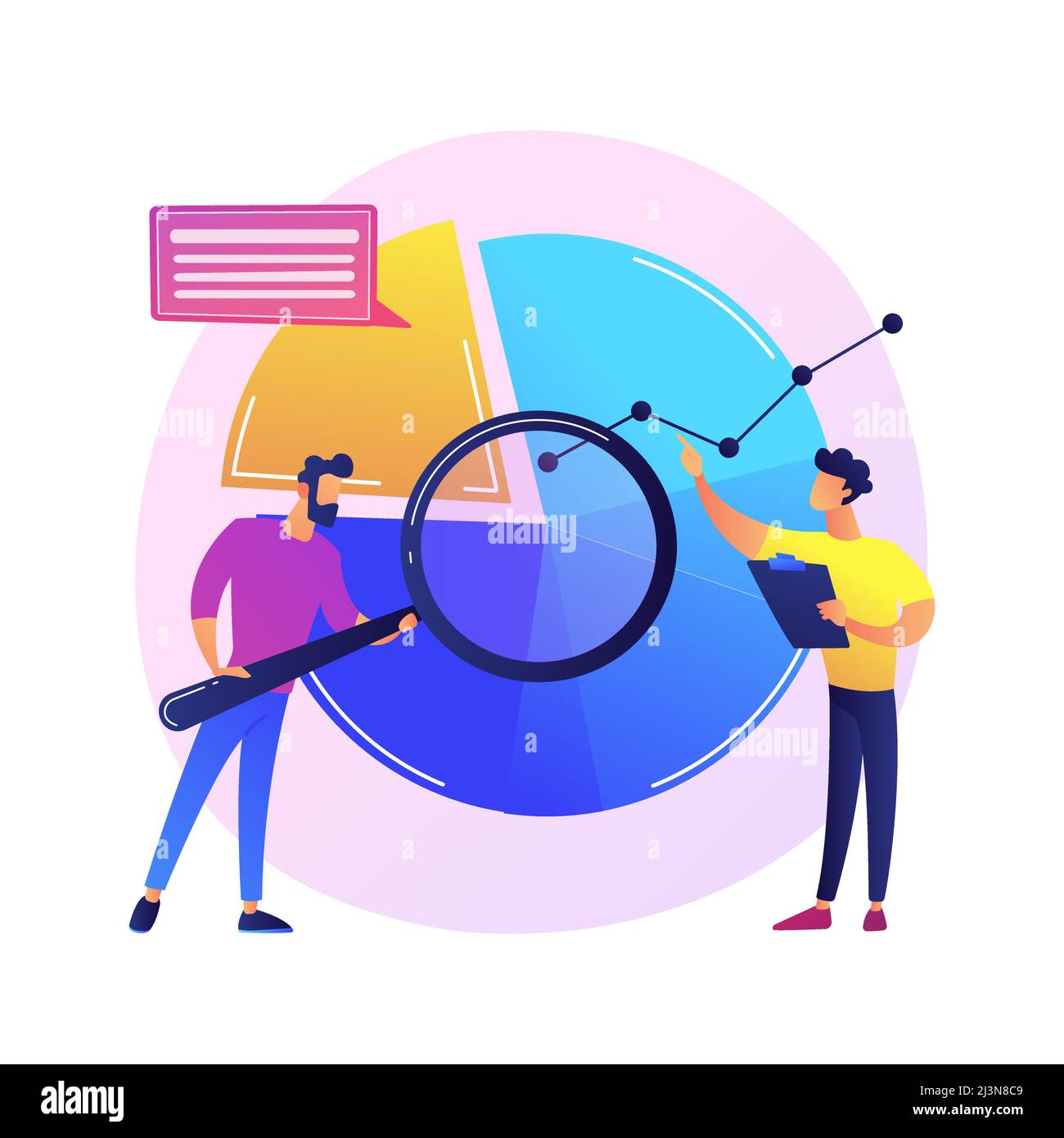 Statistische Analyse. Mann Cartoon-Figur mit Lupe Analyse von Daten. Kreisdiagramm mit bunten Segmenten. Statistiken, Audit, Forschung Stock Vektor