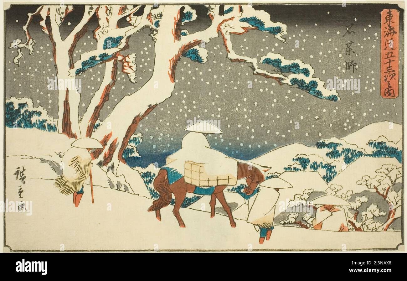 Ishiyakushi, aus der Serie "53 Stationen des Tokaido (Tokaido gojusan tsugi no uchi)", auch bekannt als der Gyosho Tokaido, c.. 1841/44. Stockfoto