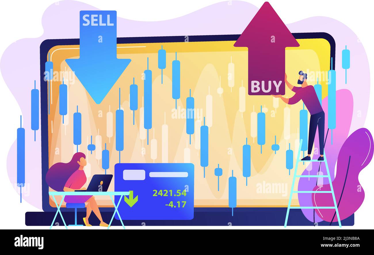 Kleine Leute Aktien Trader am Laptop mit Grafik-Chart kaufen und verkaufen Aktien. Börsenindex, Börsenmakler, Börsendatenkonzept. Brigh Stock Vektor