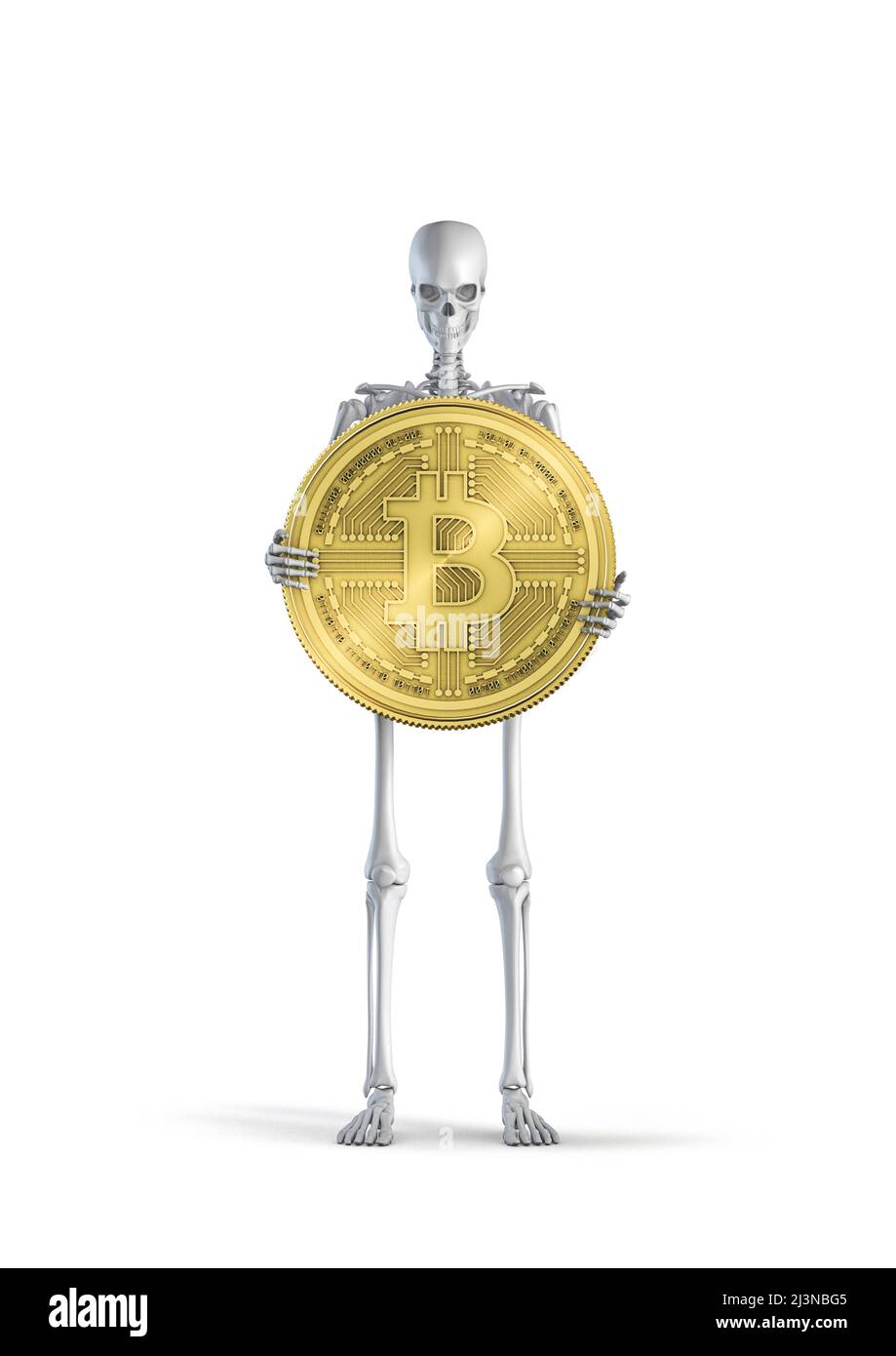 Skelett mit Bitcoin - 3D Abbildung der männlichen menschlichen Skelettfigur mit großer Goldkryptowährung Münze isoliert auf weißem Studiohintergrund Stockfoto