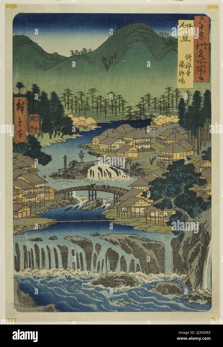 Provinz Izu: Heiße Quellen des Shuzen-Tempels (Izu, Shuzenji tojiba), aus der Serie "berühmte Orte in den ungeraden Provinzen (Rokujuyoshu meisho zue)", 1853. Stockfoto