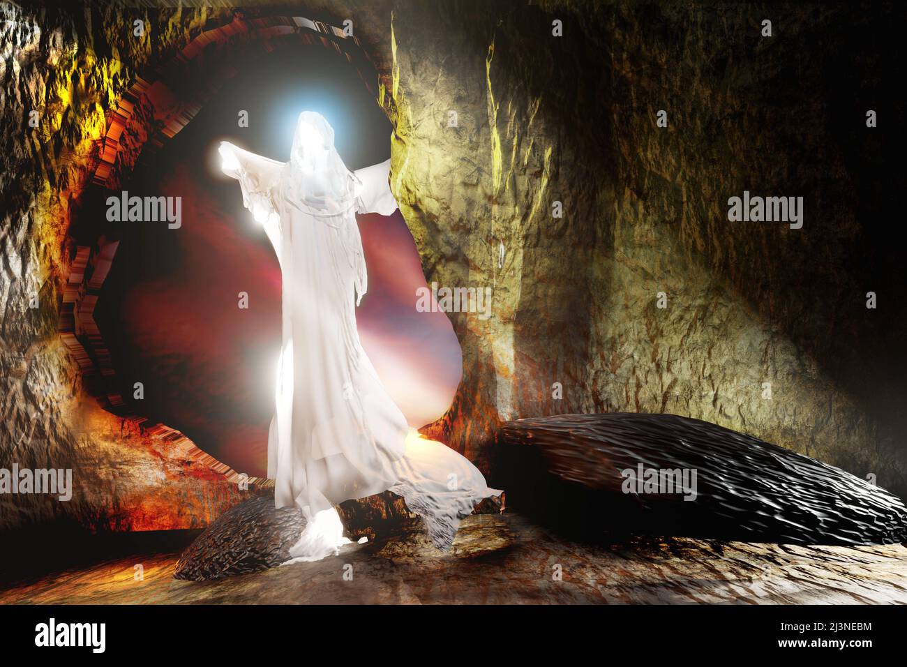 Auferstehung Jesu Christi. Der auferstandene Jesus kommt aus dem Grab. Religiöser Hintergrund. 3D Darstellung rendern. Stockfoto