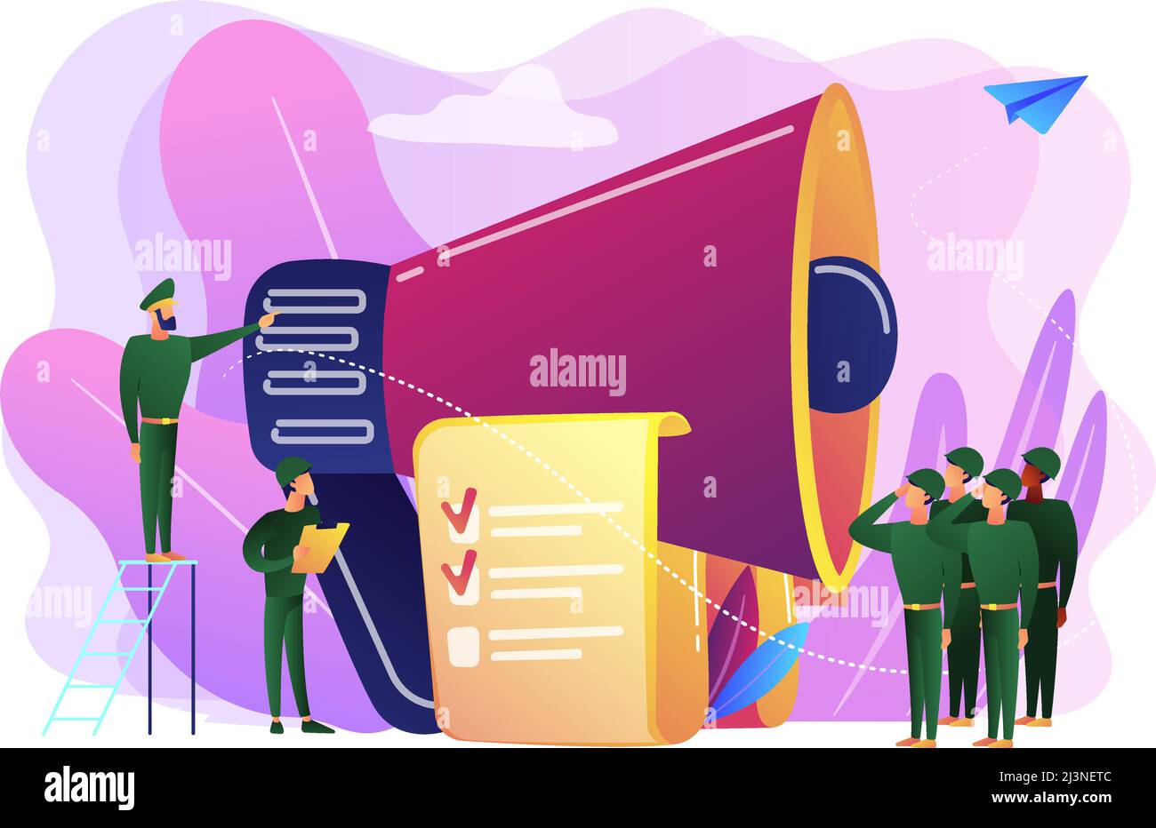 Offizier mit Megaphon, Soldaten grüßen, winzige Menschen. Wehrpflicht, Wehrpflicht, neues Rekrutierungskonzept für Soldaten. Stock Vektor