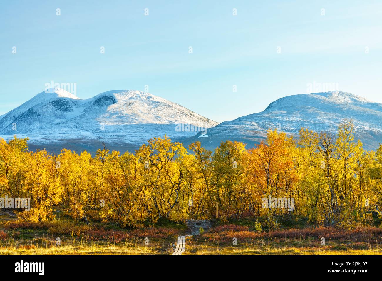 Abisko Nationalpark im september mit Herbstfarben und Schnee auf den Bergen, Abisko Nationalpark, Schwedisch Lappland, Schweden Stockfoto
