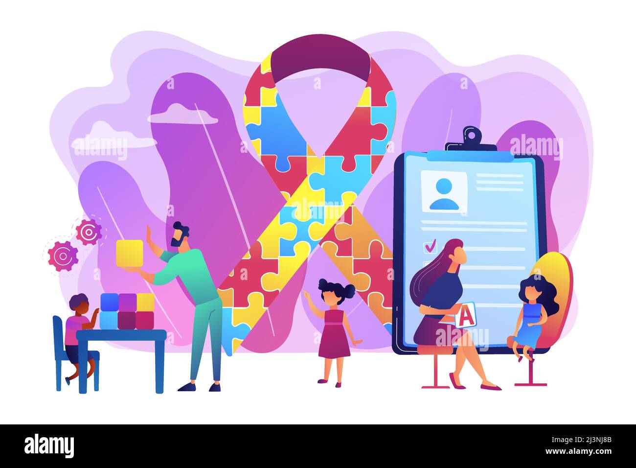 Autismus-Spektrum-Störung. Entwicklung von Kindern. Autismus-Therapie, Autismus-Behandlungen für Erwachsene und Kinder, angewandte Verhaltensanalyse Konzept. Helle Vib Stock Vektor