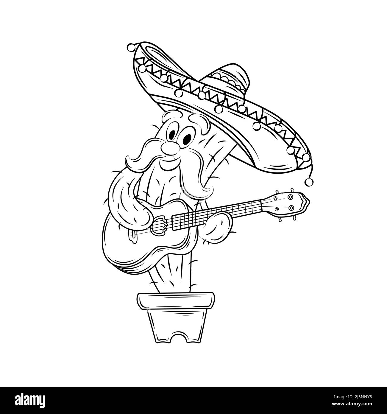 Cinco de Mayo Konzept. Niedlicher Kaktus mit Schnurrbart und Sombrero hält die Gitarre in den Händen. Pflanzencharakter spielt Musikinstrument. Grußkarte für Stock Vektor