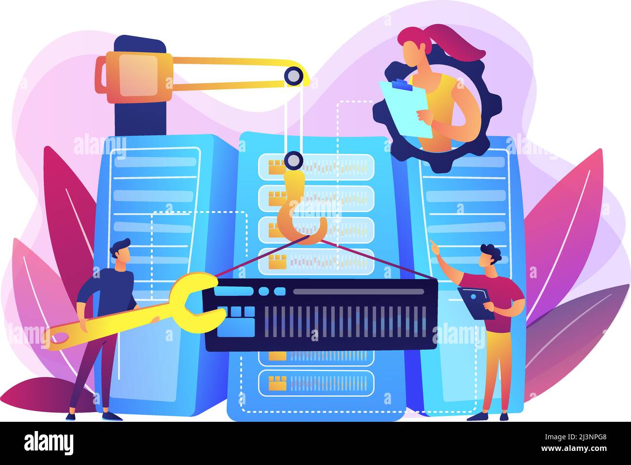 Ingenieure konsolidieren und strukturieren Daten im Zentrum. Big-Data-Engineering, massiver Datenbetrieb, Big-Data-Architekturkonzept. Leuchtendes Vibran Stock Vektor