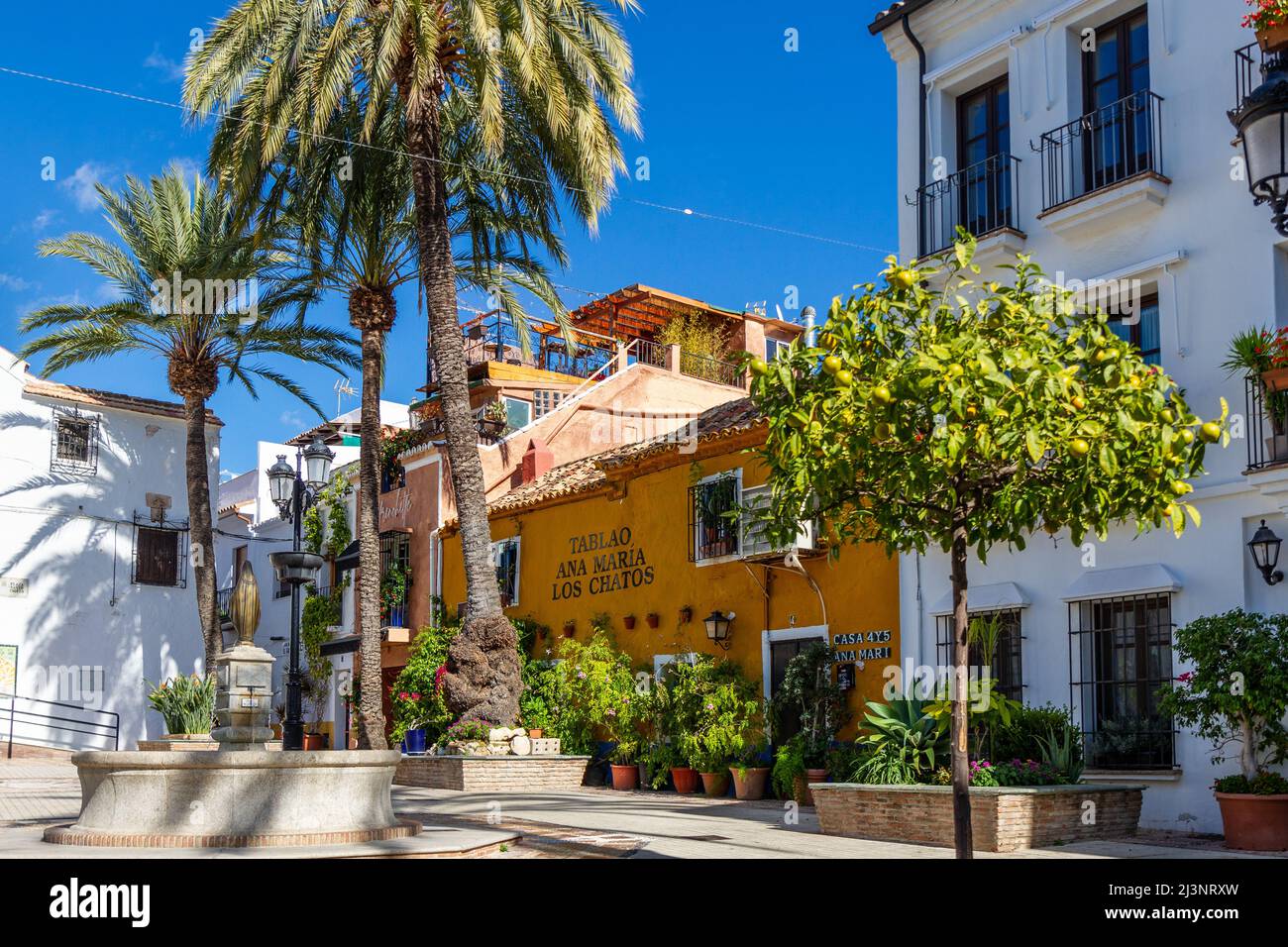 Wunderschöne Altstadt von Marbella an einem sonnigen Tag im Dezember. Restaurants, Geschäfte. Touristisches Ziel Stockfoto