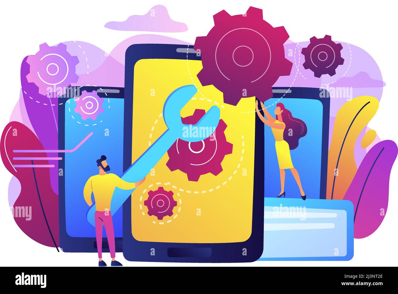 Servicetechniker mit großem Schraubenschlüssel reparieren Smartphone-Bildschirm mit Zahnrädern. Reparatur von Smartphones, Handy-Service, Reparaturkonzept am selben Tag. Helle Vib Stock Vektor